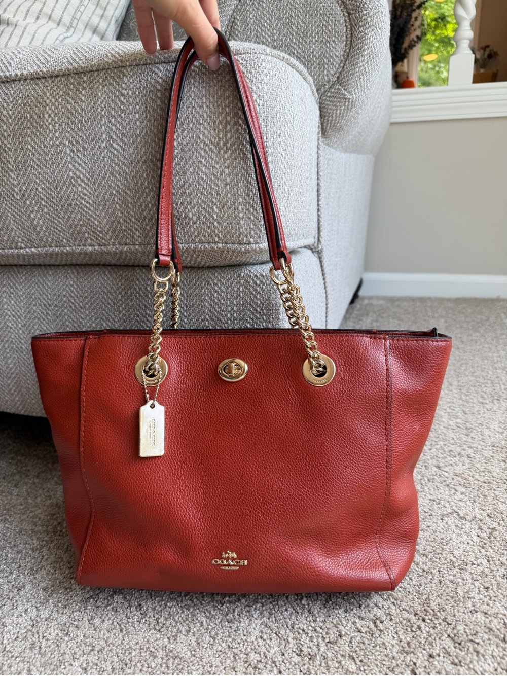 Coach Turnlock Chain Tote 27 – Burnt Orange Pebble Leather #57107